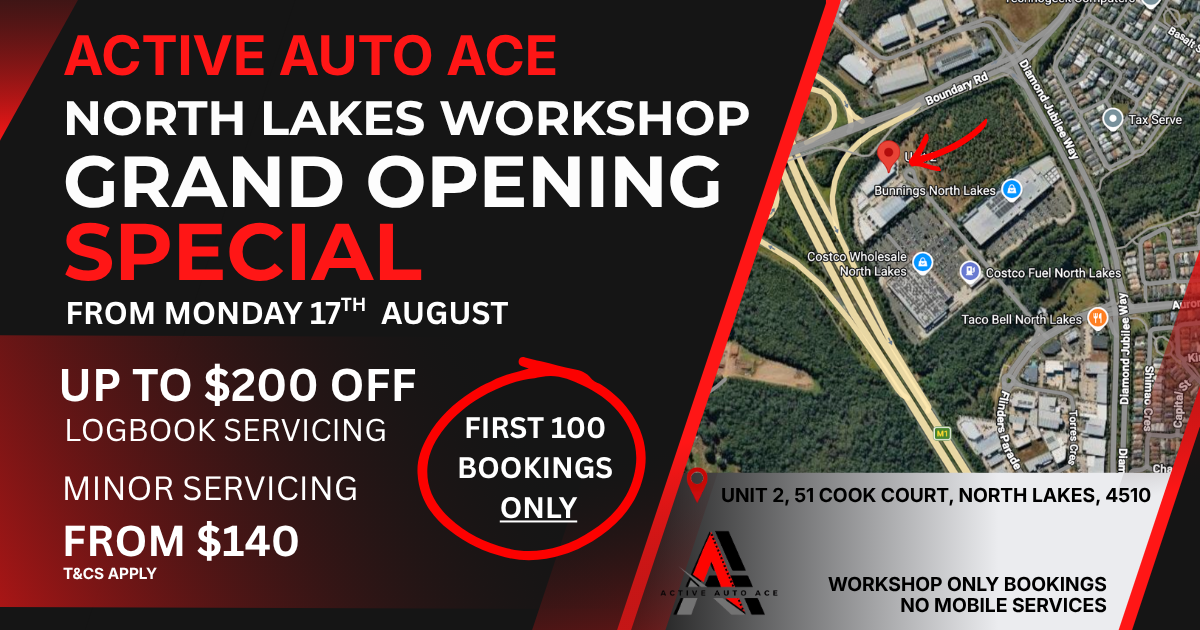 Active Auto Ace North Lakes Workshop grand opening special — up to $200 off logbook servicing and minor service from $140